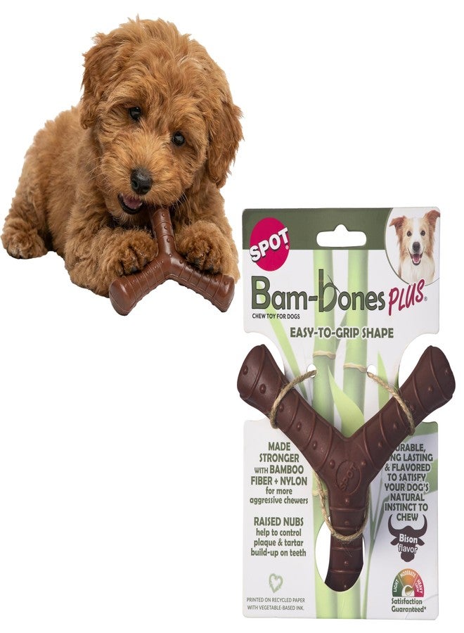 سبوت عظمة مضغ الكلاب SPOT Bam-Bones Plus ثلاثية الأرجل، مصنوعة من ألياف الخيزران والنايلون، متينة للكلاب التي تمضغ بقوة متوسطة إلى شديدة، لا تتشظى، مناسبة للكلاب البالغة والجراء في مرحلة التسنين التي يقل وزنها عن 23 كيلوغرامًا، طولها 13 سم، بنكهة البيسون. - Image 1